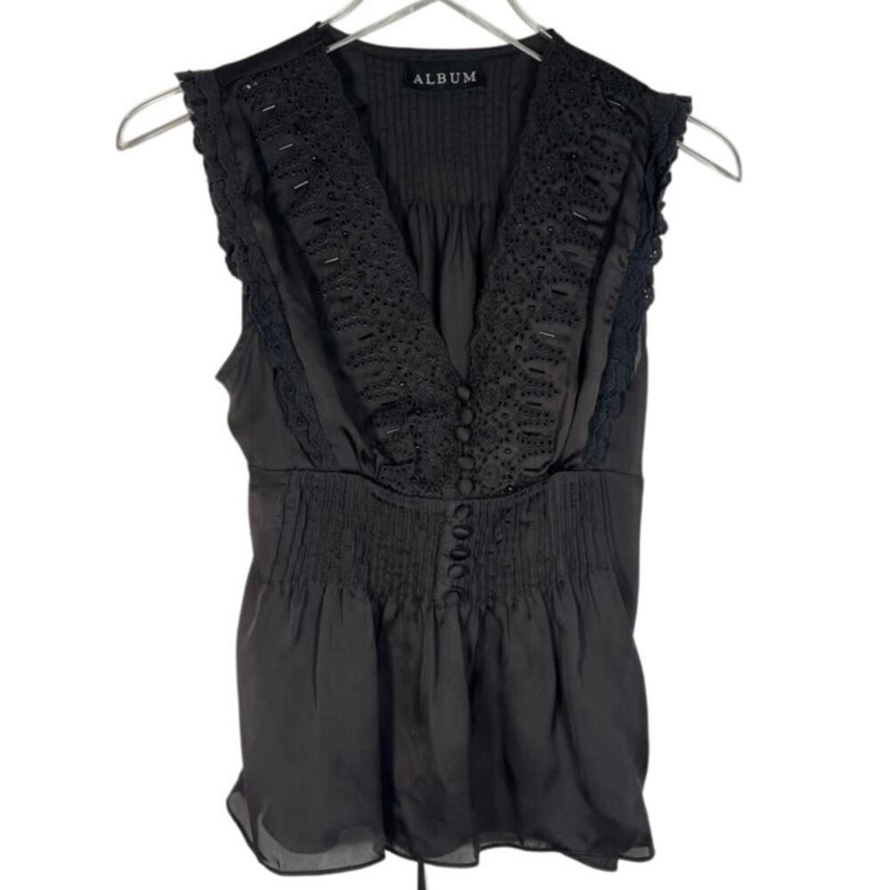 ALBUM Women's Embroidered Beaded Lace Sleeveless Top M Black Tie Stretch
